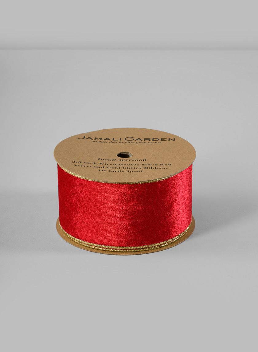 Wired Double Sided Velvet and Glitter Ribbon Decor Jamali Garden Red 2 1/2in EACH