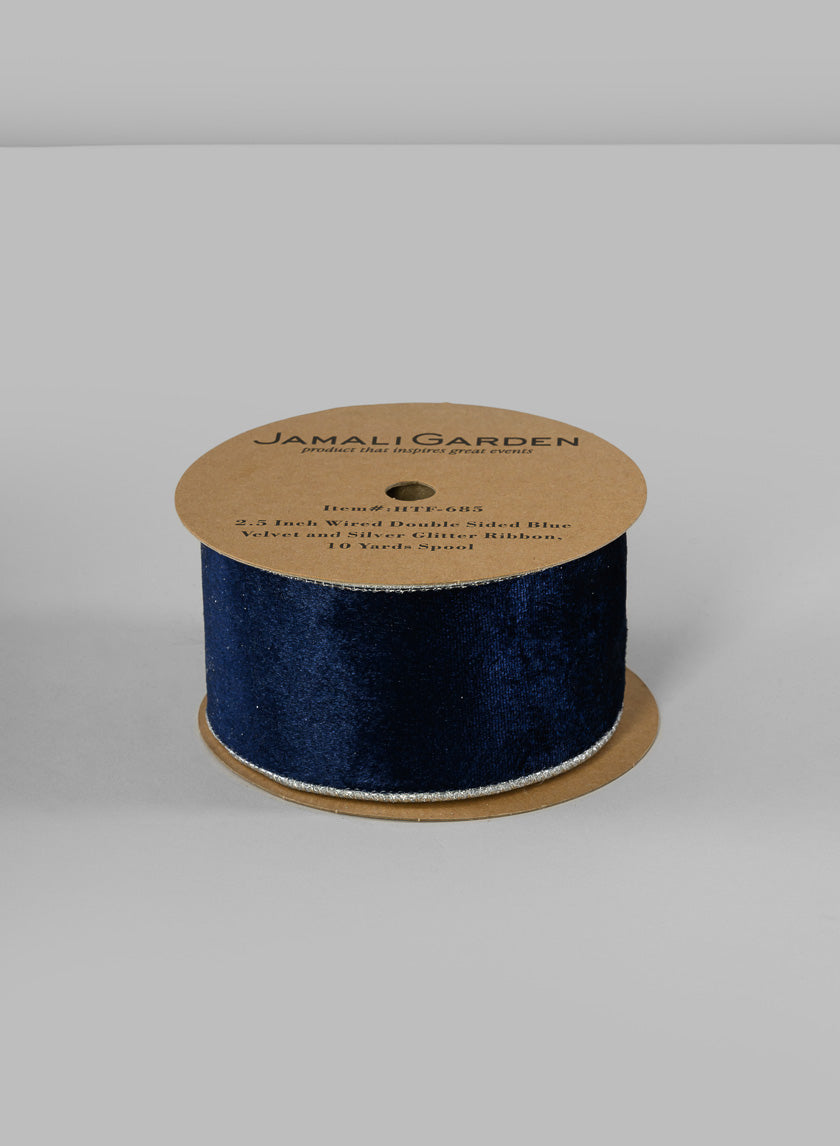 2 1/2in Wired Double Sided Blue Velvet and Silver Glitter Ribbon Decor Jamali Garden