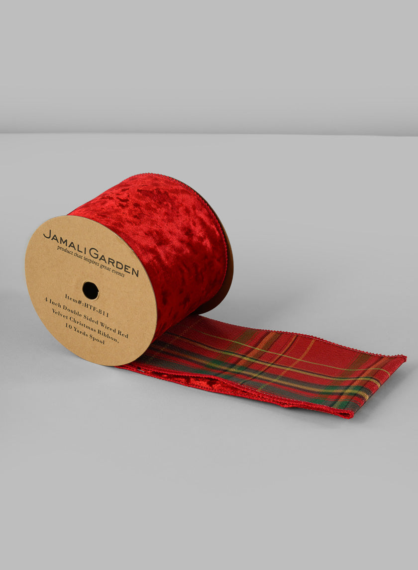 4in Double Sided Wired Red Velvet Christmas Ribbon, 10 Yards Decor Jamali Garden