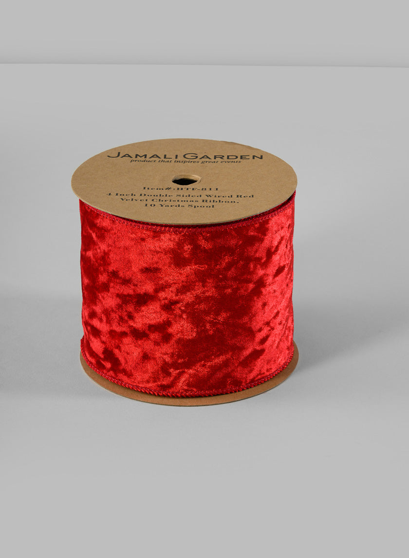 4in Double Sided Wired Red Velvet Christmas Ribbon, 10 Yards Decor Jamali Garden