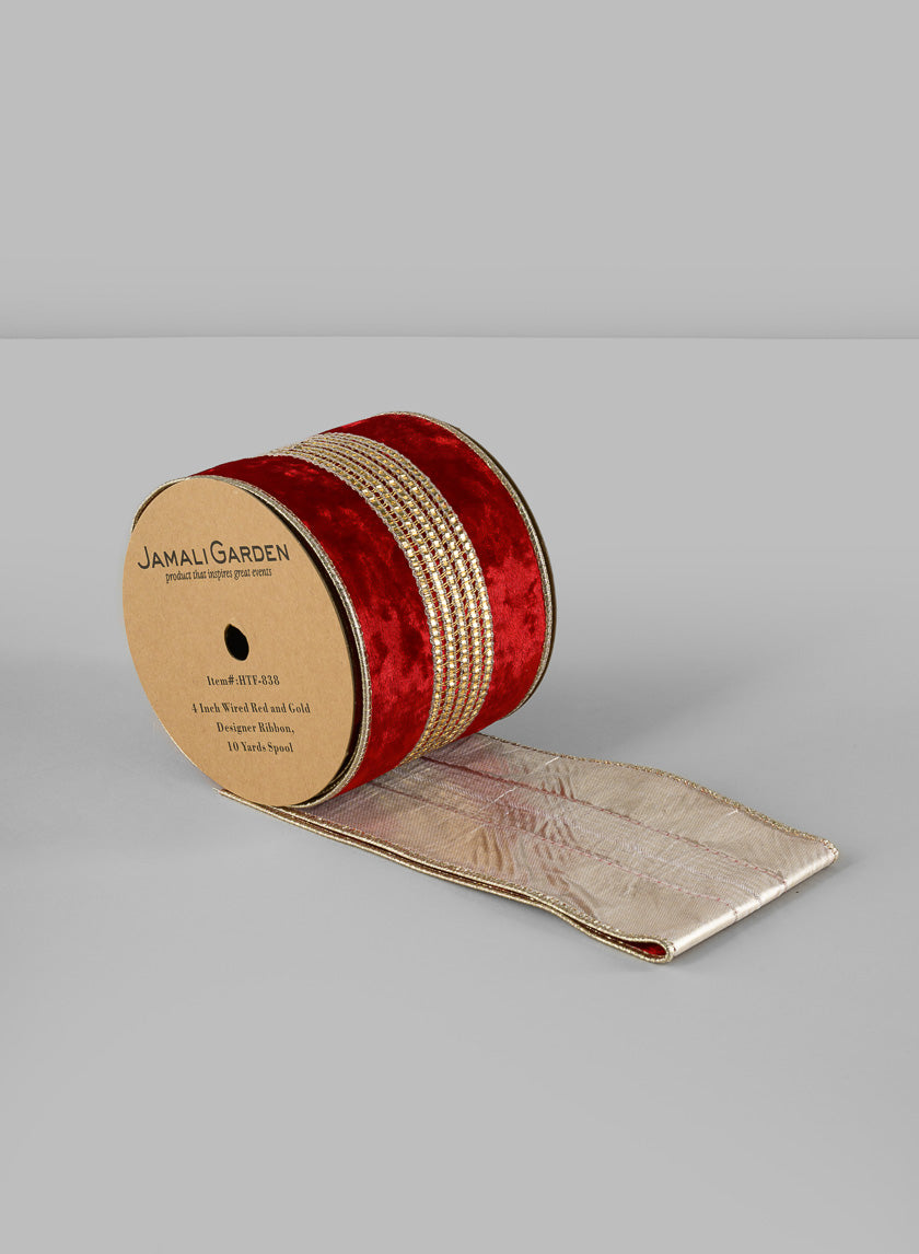 4in Wired Red and Gold Designer Ribbon, 10 yards Spool Decor Jamali Garden