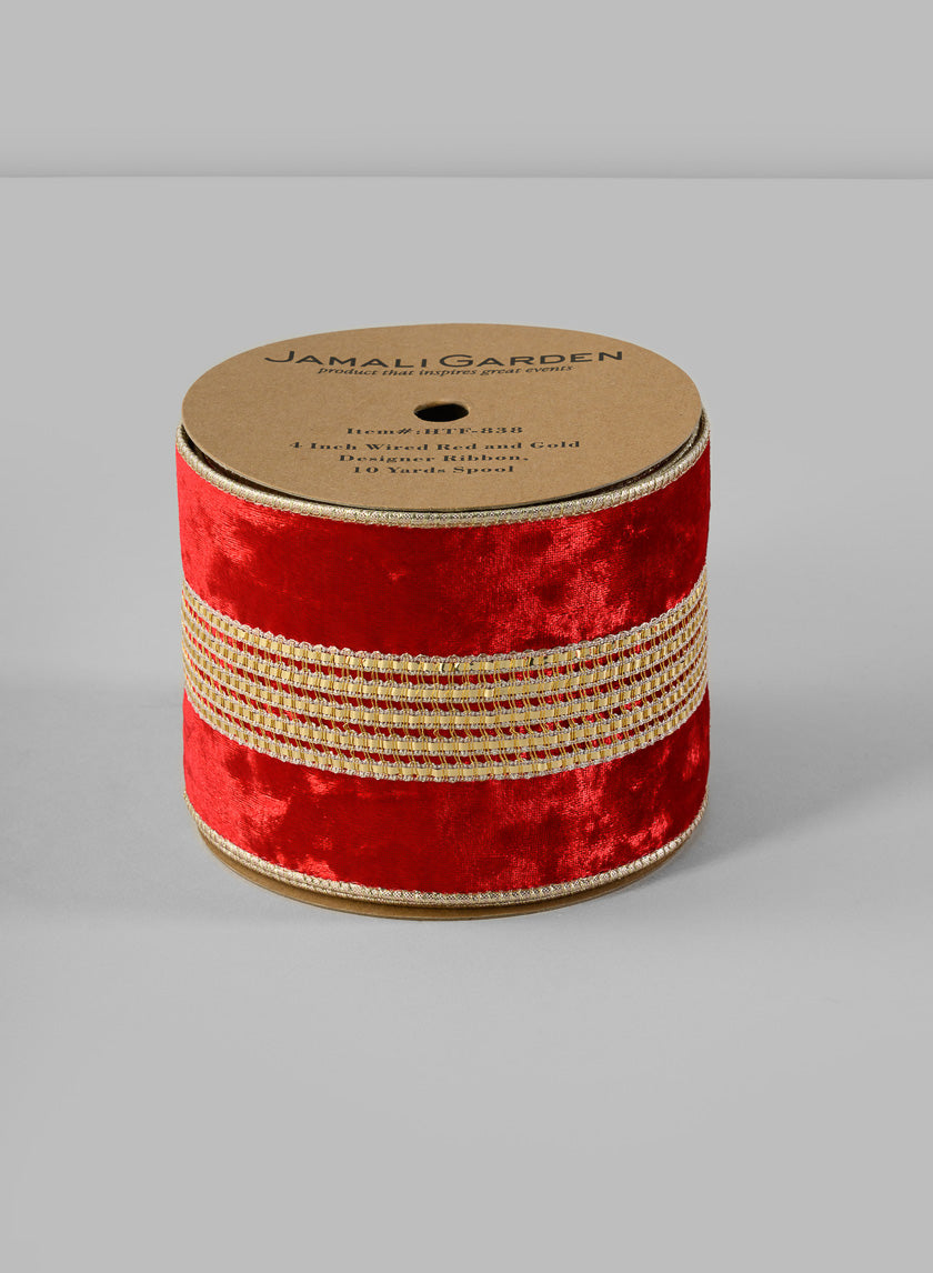 Wired Ribbon, 10 yards Spool Decor Jamali Garden Red and Gold 4in EACH