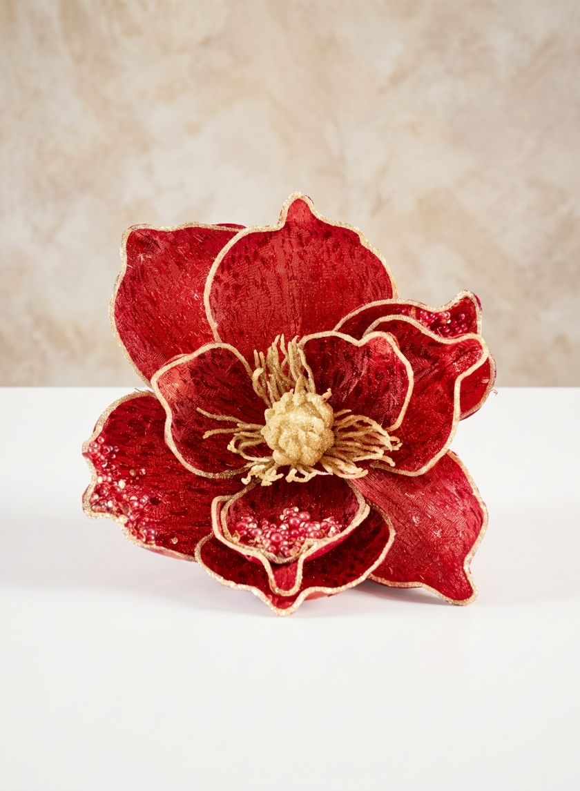 6in Long Red Magnolia Flower with Clip, Case of 12 Decor Jamali Garden