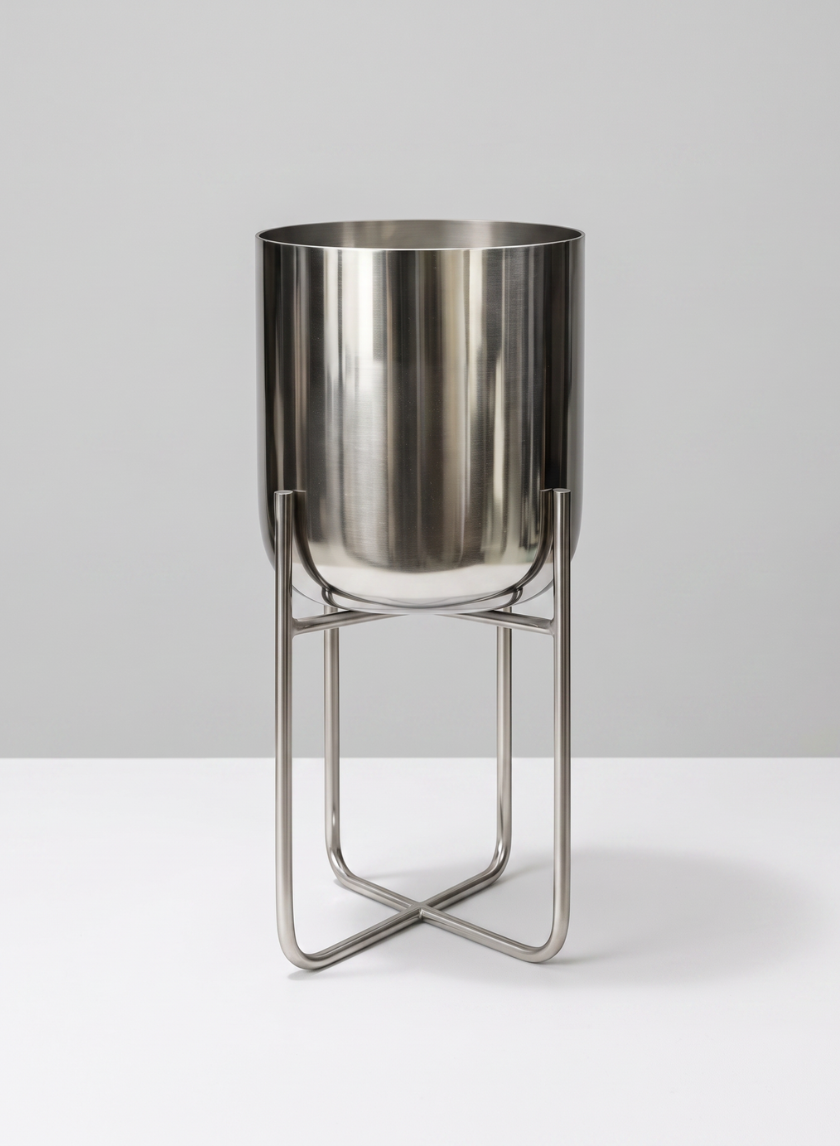 A 12.75in Tall High Silver Planter With Stand, featuring a modern cylindrical design and metallic finish, is displayed on a sleek intersecting metal stand against a plain light gray background.
