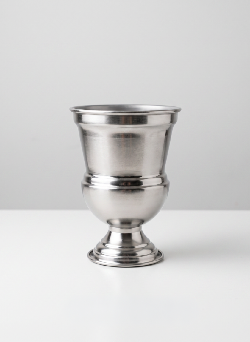 A 7.5in Tall Silver Urn Metal Vase rests on a white surface against a plain light gray background.