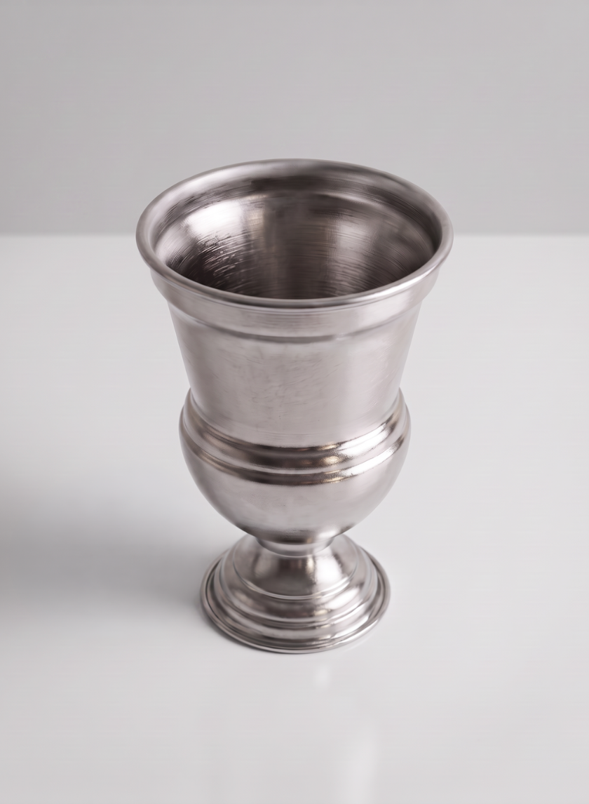 The 7.5in Tall Silver Urn Metal Vase, featuring a wide rim and a rounded base, sits on a white surface against a light gray background.