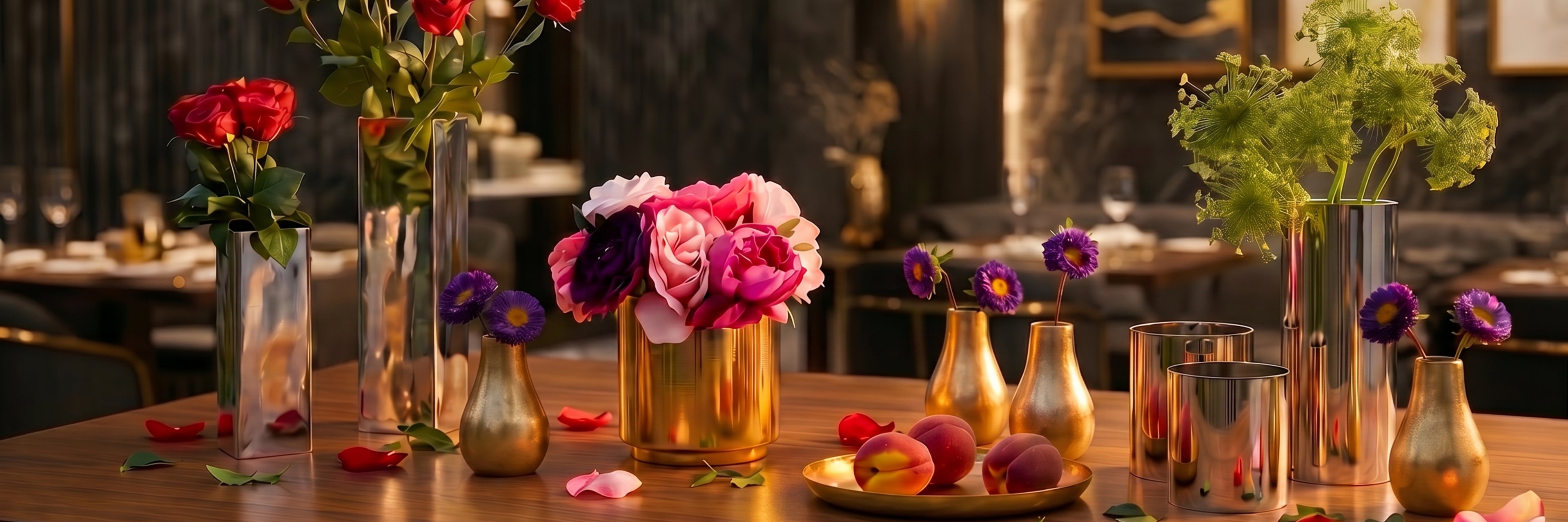 Decorative floral arrangements in various vases on a table with a blurred background