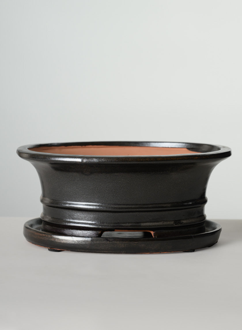 10in Long Penjing Oval Bonsai Ceramic Pot with Saucer, Chocolate Brown Decor Jamali Garden