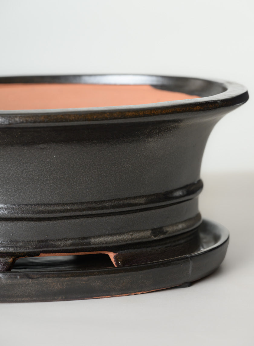 10in Long Penjing Oval Bonsai Ceramic Pot with Saucer, Chocolate Brown Decor Jamali Garden