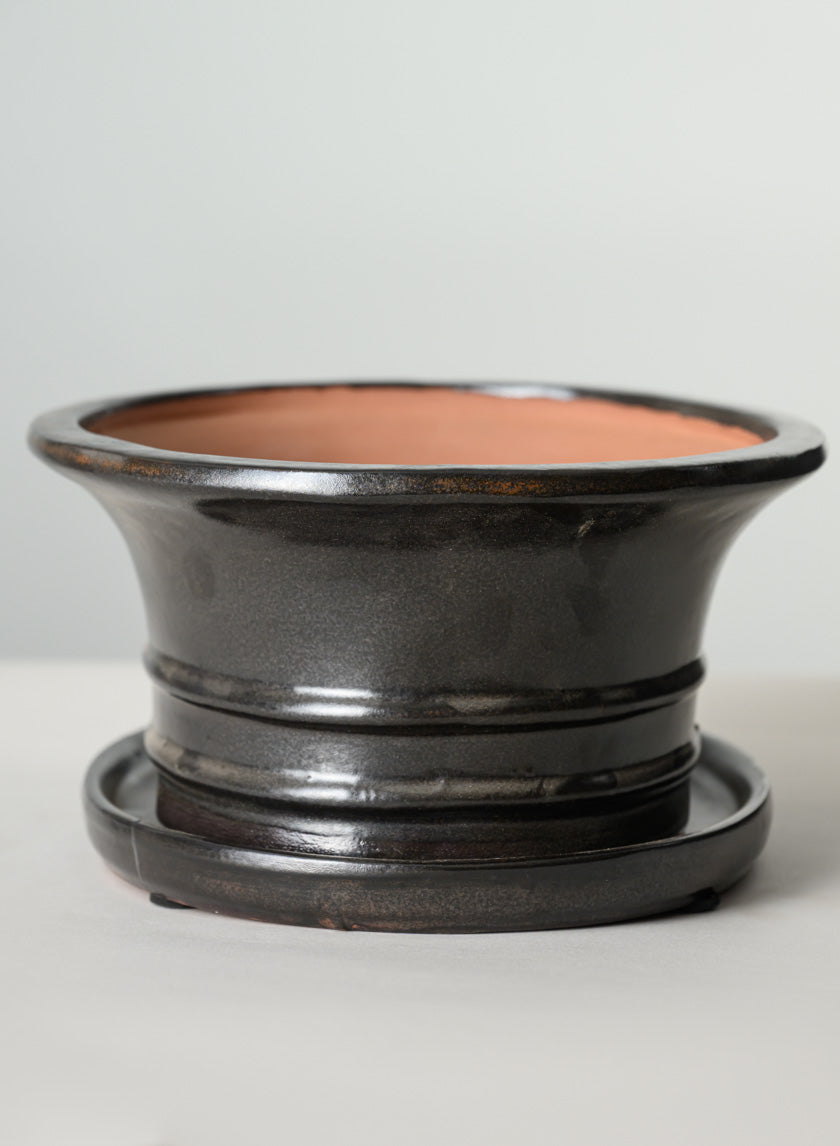 10in Long Penjing Oval Bonsai Ceramic Pot with Saucer, Chocolate Brown Decor Jamali Garden