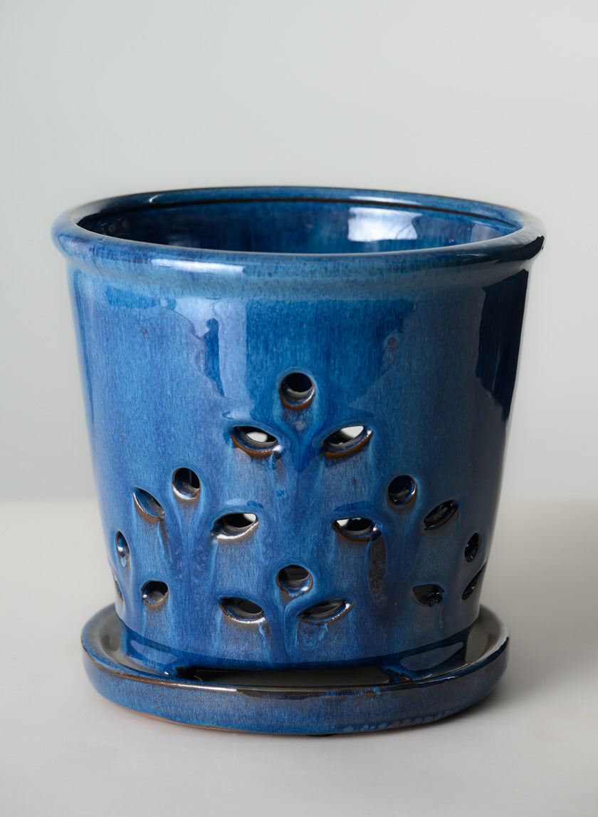 7in Tall Santorini Blue Orchid Ceramic Pot with Saucer Decor Jamali Garden