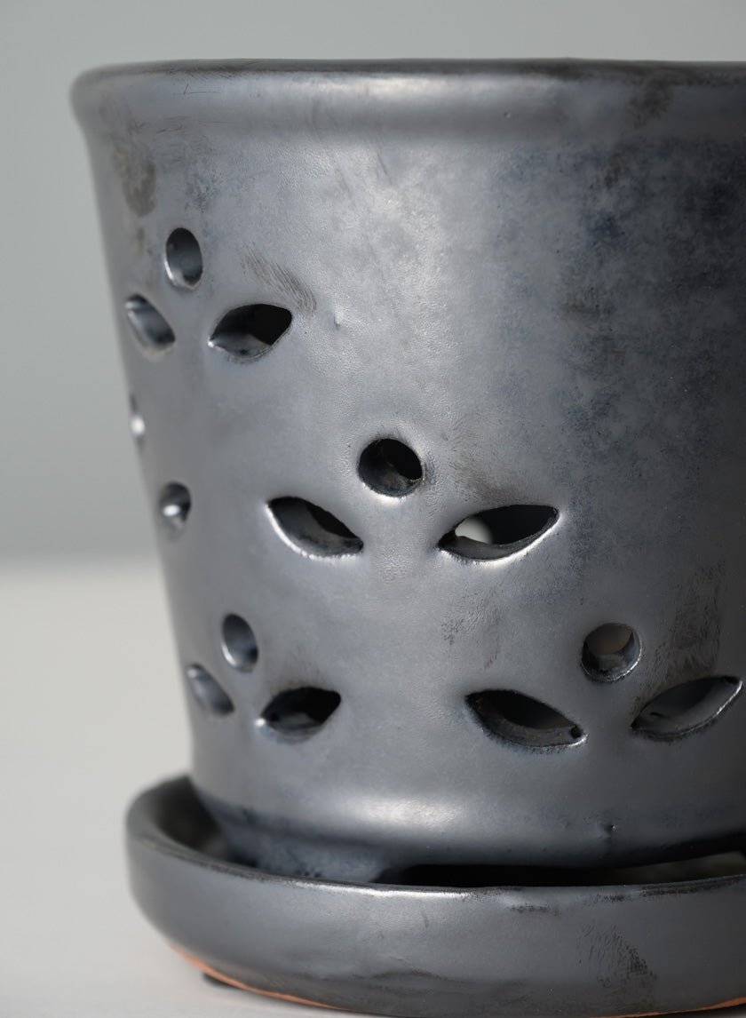 6in Tall Platinum Orchid Ceramic Pot with Saucer Decor Jamali Garden