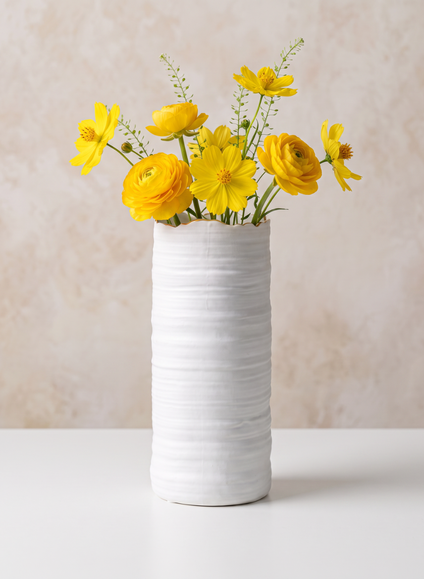 A 4in x 10in Clay White Porcelain Cylinder with Gold Edging, filled with bright yellow flowers, sits on a white surface against a light beige background.