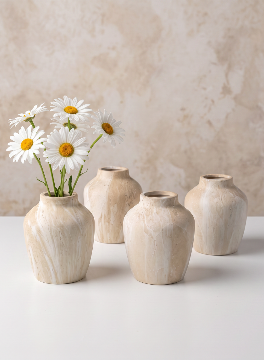 Four "Travertine Look" 4in tall ceramic mini vases are arranged on a white surface. Three vases are empty, while one displays a small bouquet of white daisies with yellow centers. The background is a light, textured neutral wall.