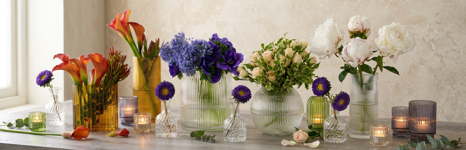 Row of vases with flowers and candles on a light surface.