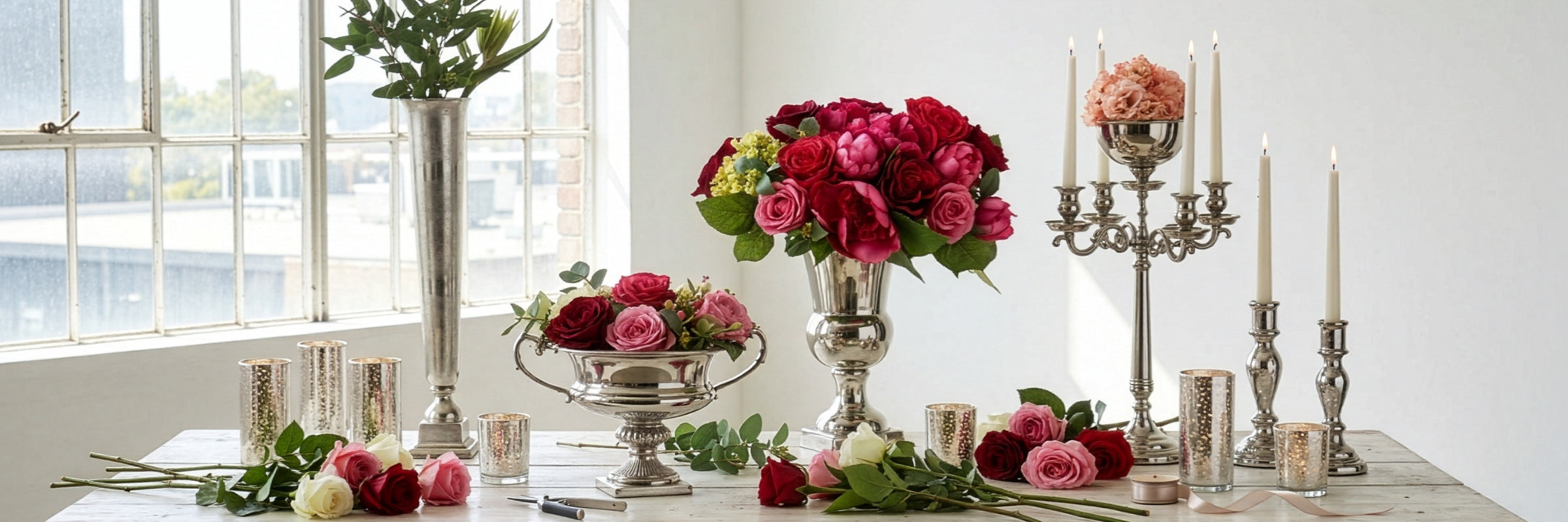 Decorative table setting with flowers, candles, and silver vases in a bright room.