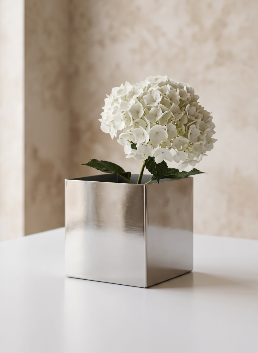A white hydrangea with green leaves is arranged in a 5in Cube Polish Stainless Steel Vase, set on a white surface with a beige textured wall in the background.