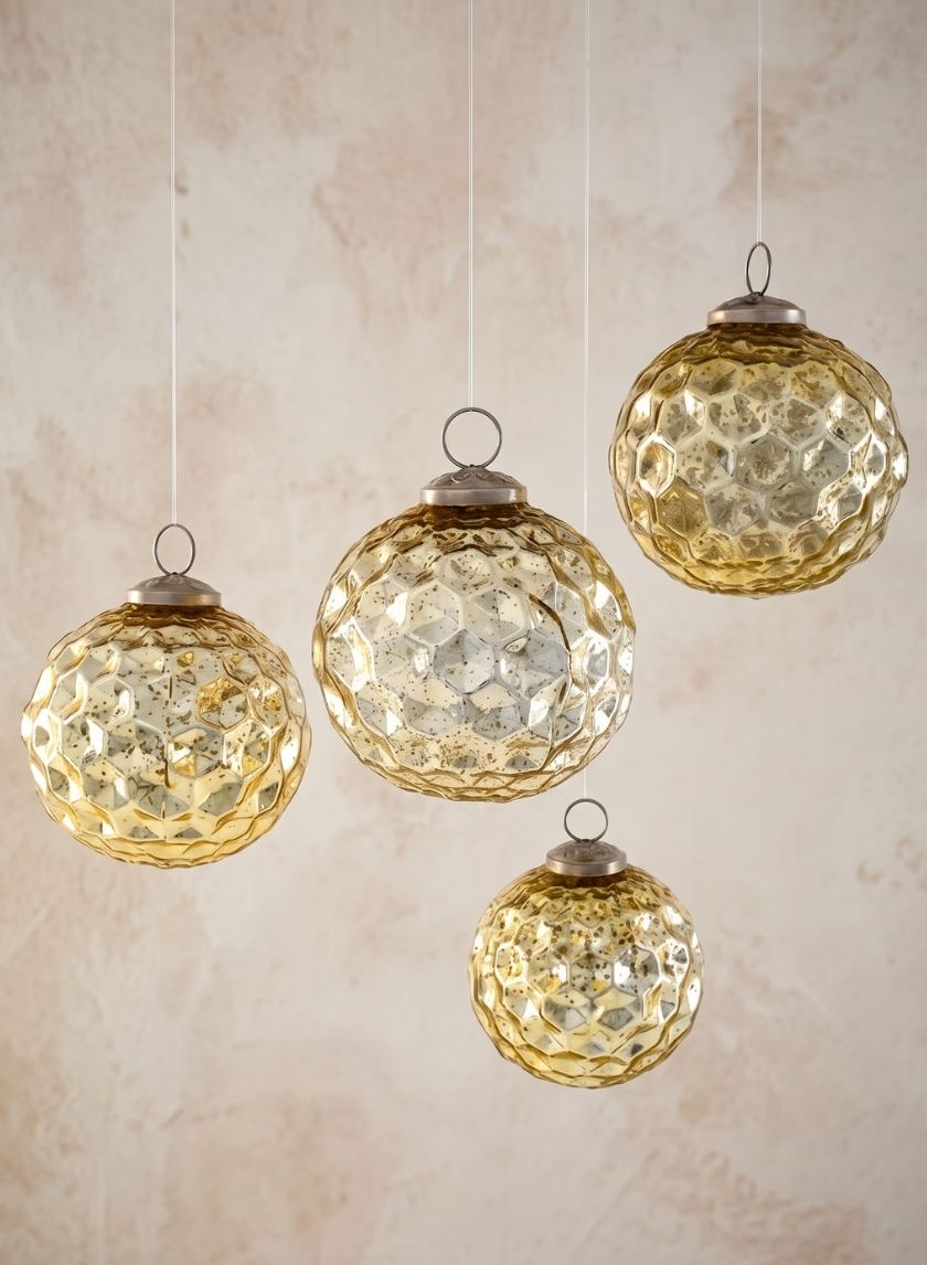 4in Round Gold Diamond Dimple Glass Ball Ornament Decor Jamali Garden