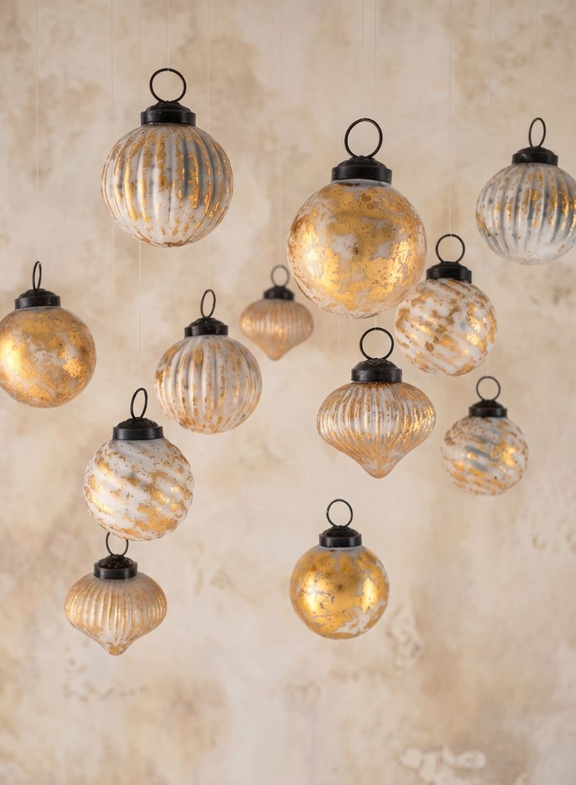 2in Wide Blush & Gold Foil Assorted Glass Ornaments
