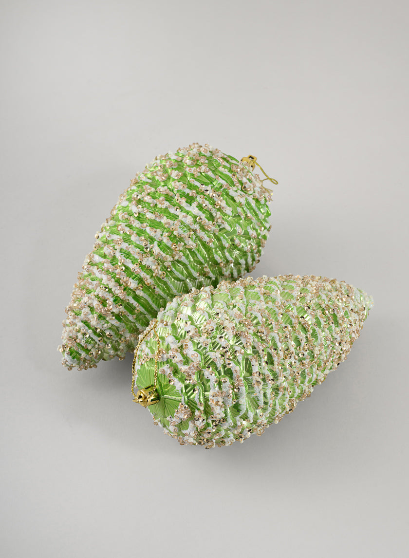 7in Long Glittered Green Tone Pine Cone, Set of 2 Decor Jamali Garden