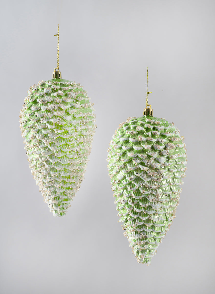 7in Long Glittered Green Tone Pine Cone, Set of 2 Decor Jamali Garden