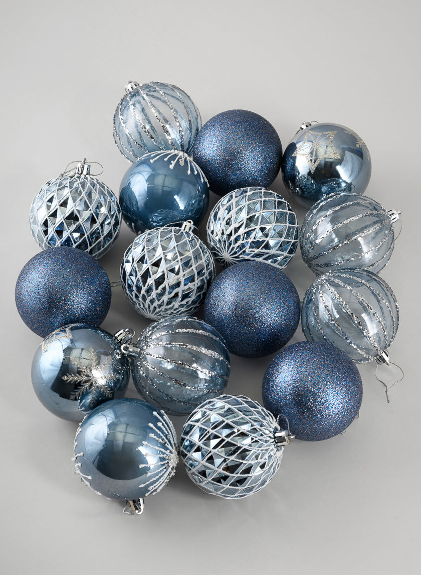 3in Round Blue-Grey Luxe Plastic Ornament Collection, Set of 16 Decor Jamali Garden