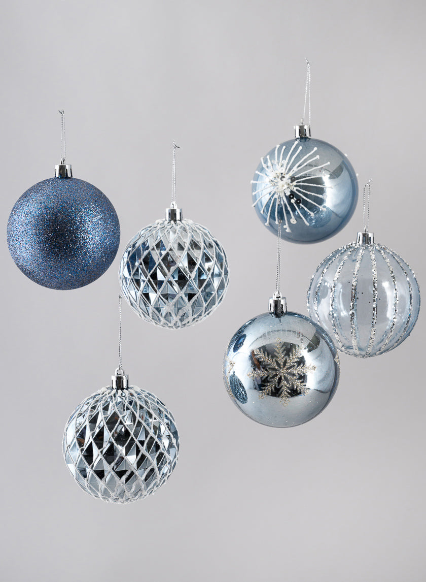 3in Round Blue-Grey Luxe Plastic Ornament Collection, Set of 16 Decor Jamali Garden