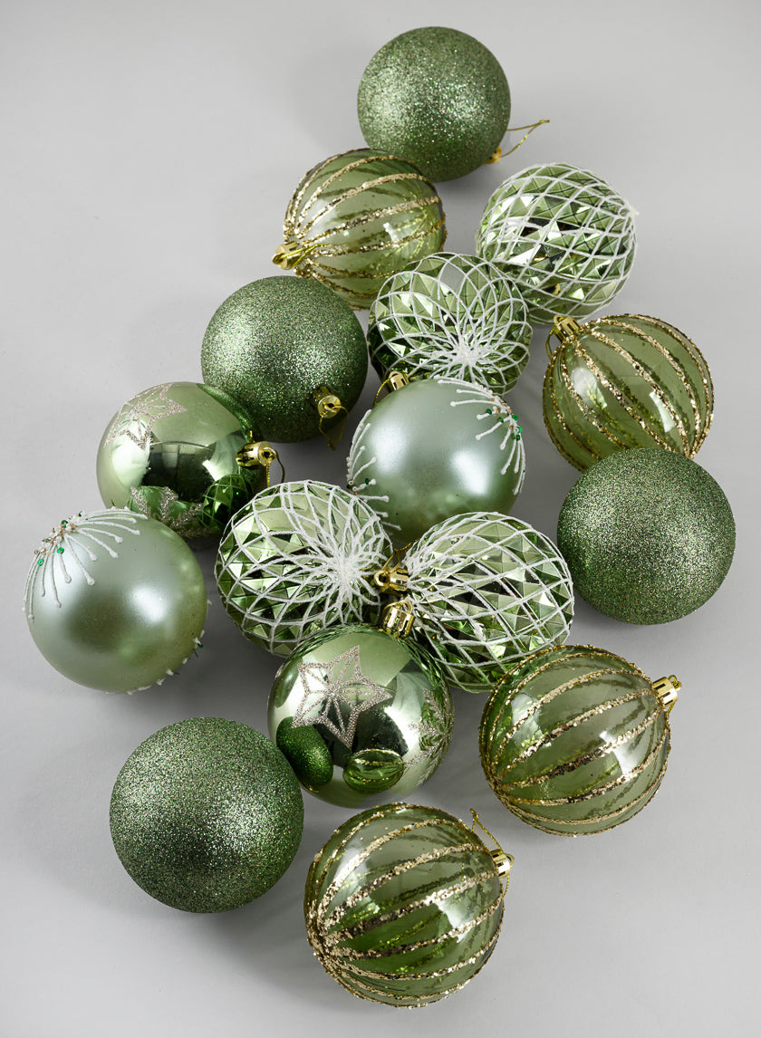 3in Round Celadon Green Luxe Plastic Ornament Collection, Set of 16 Decor Jamali Garden