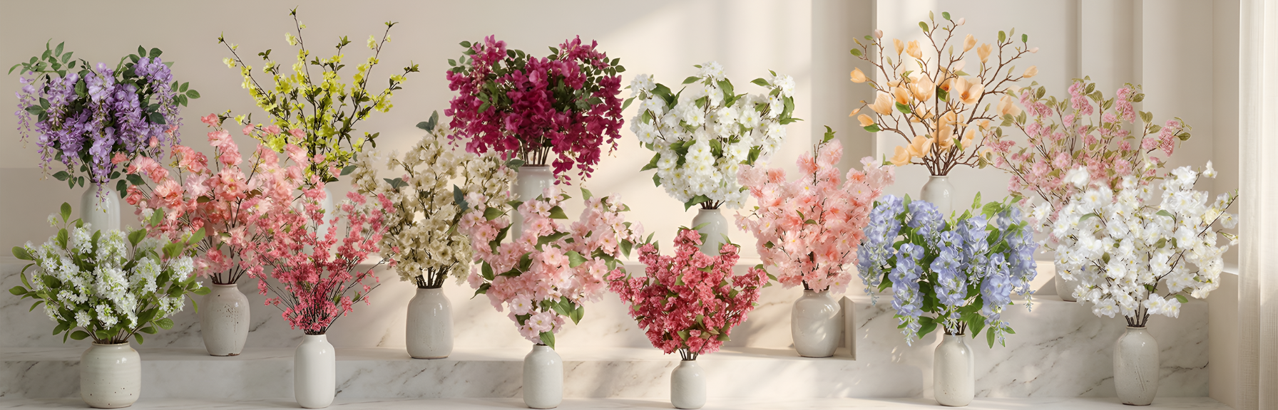 Row of small flower bouquets in various colors on a neutral background