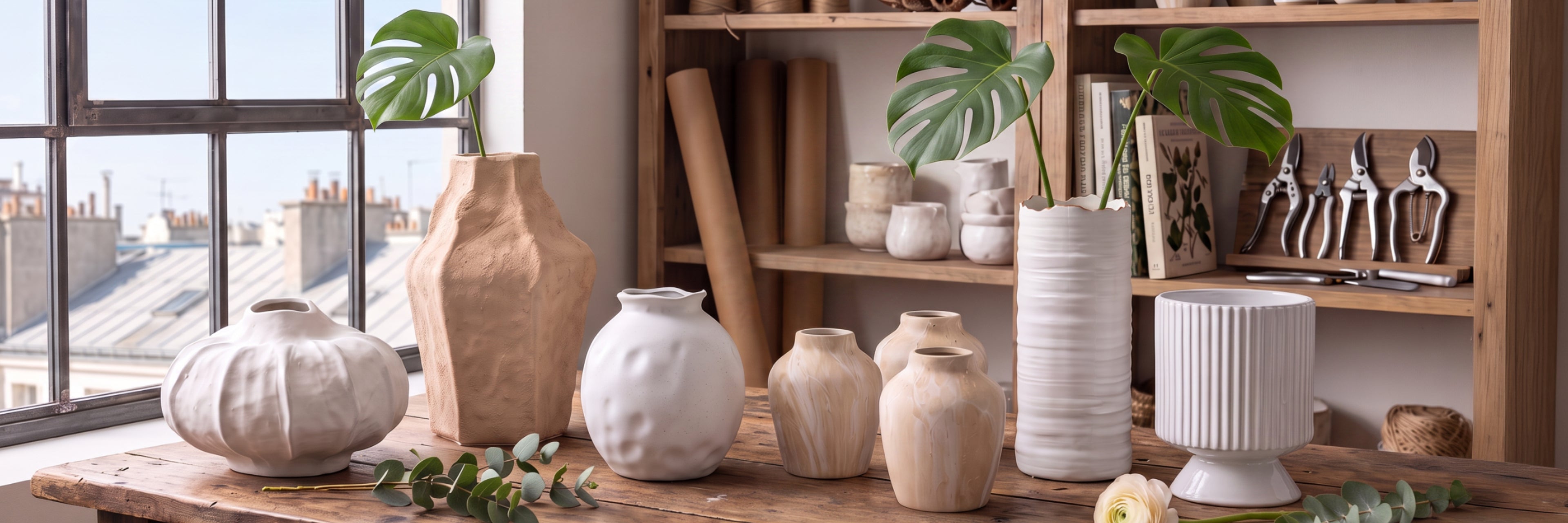 A collection of ceramic and clay vases in various shapes and textures, displayed on a wooden table in front of a window and a wooden shelving unit.