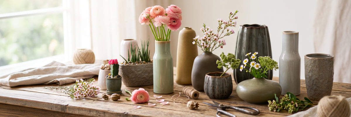 A styled collection of matte ceramic and stone vases in various shapes and earthy tones, arranged on a rustic wooden table with pink flowers, greenery, and natural props.