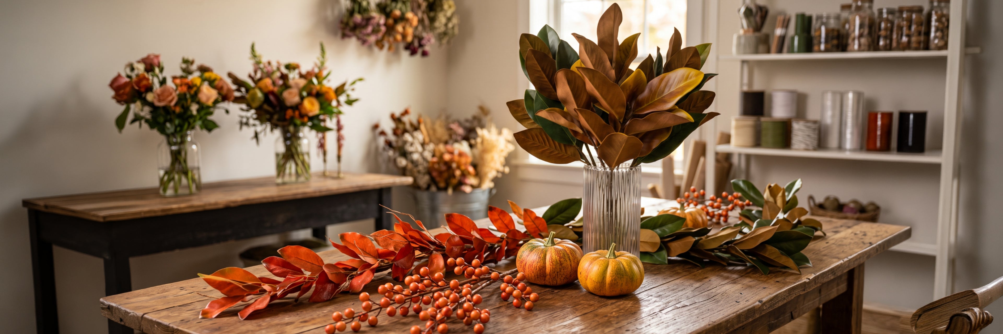 A rustic wooden table styled with autumn floral arrangements, including a tall vase of magnolia leaves, orange berries, small pumpkins, and fall leaves, in a warm, decorated room.