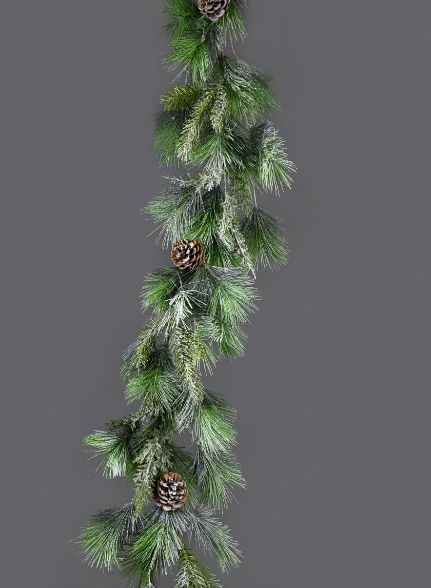 Snowy Mixed Evergreens Garland With Pine Cones, Case of 2 Decor Jamali Garden