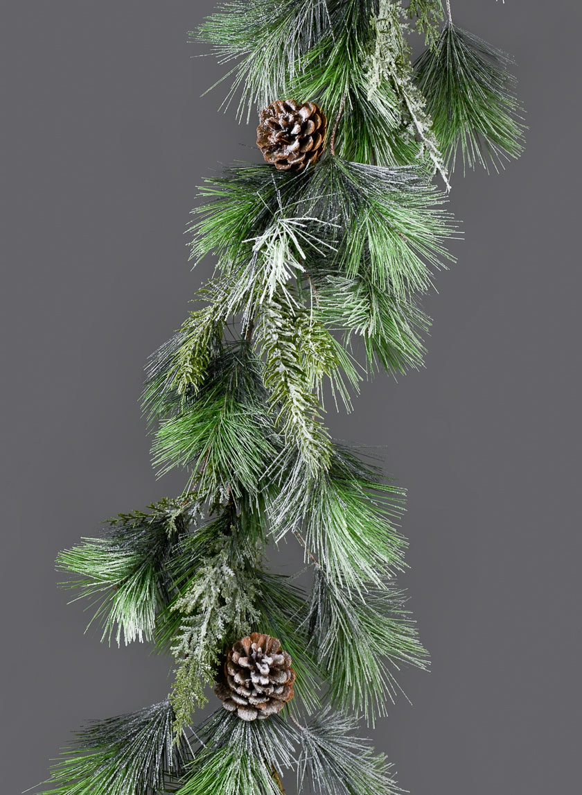 Snowy Mixed Evergreens Garland With Pine Cones, Case of 2 Decor Jamali Garden