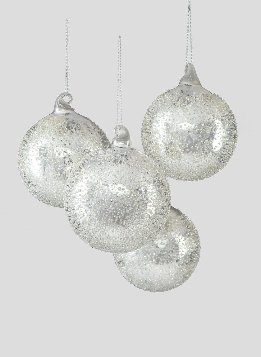 4in Round Sugared Silver Glass Ball Ornament Decor Jamali Garden