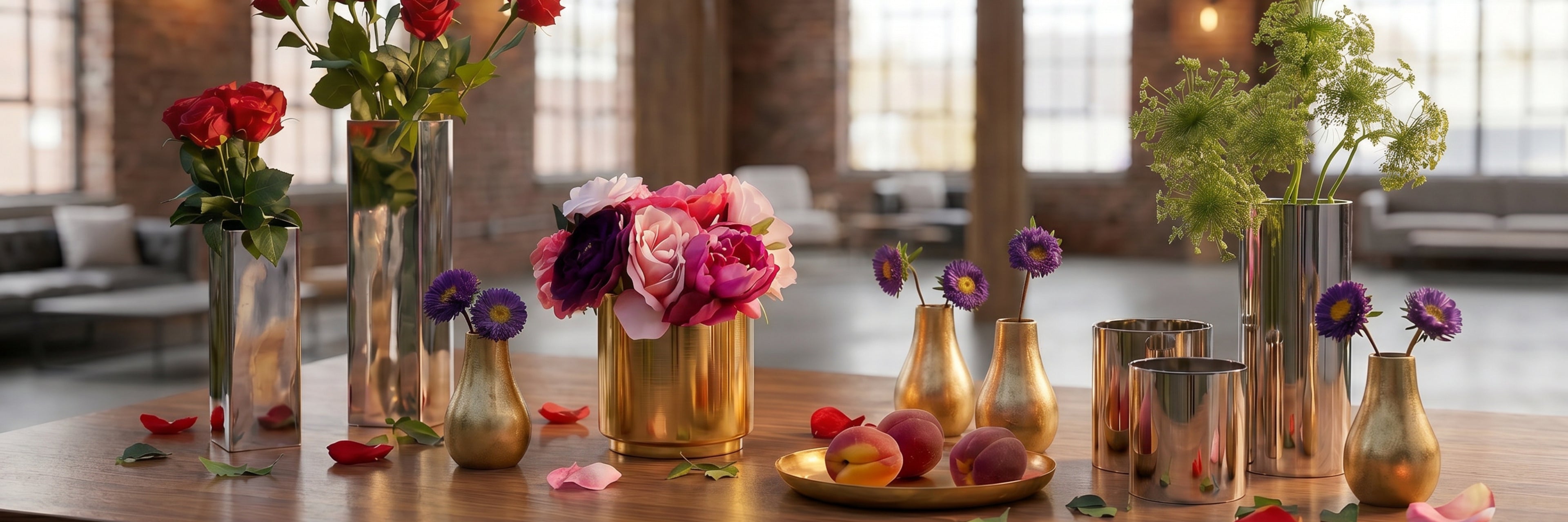 Decorative flowers and vases on a table in a room with large windows.