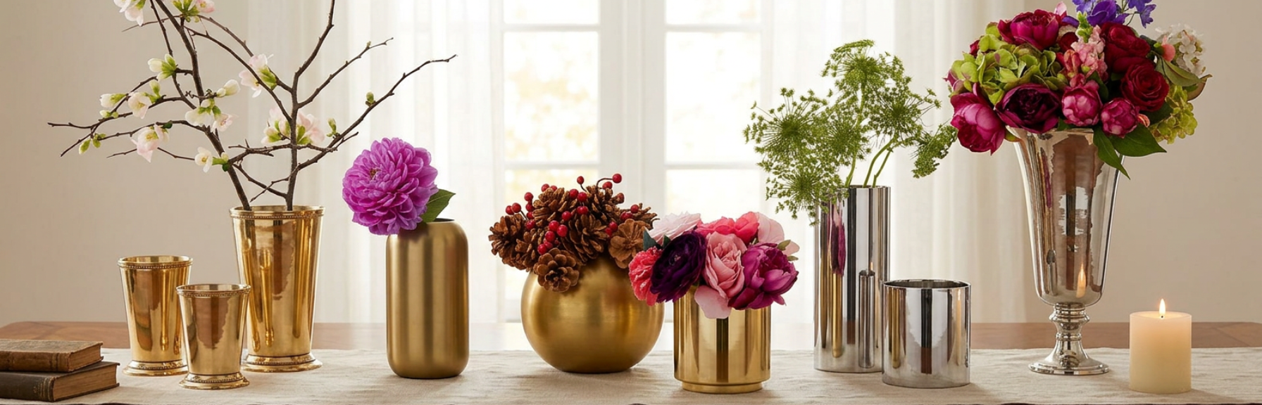 Decorative vases with flowers on a table in a bright room
