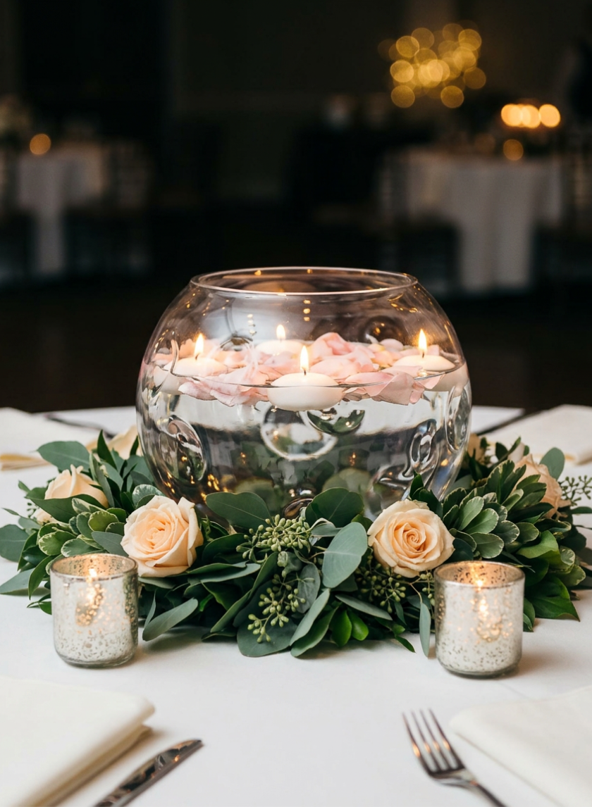 A 7.5in Wide Luster Dimpled Clear Fishbowl Glass Vase filled with water, floating candles, and rose petals is surrounded by greenery and cream roses, with two small silver votive candles on a white tablecloth—creating an elegant wedding centerpiece.
