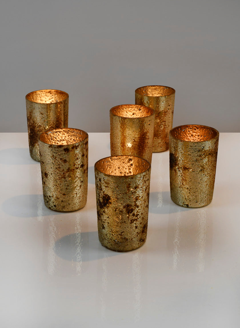 3 ¼in Tall Vintage Bronze & Silver Glass Votive, Set of 6 Decor Jamali Garden