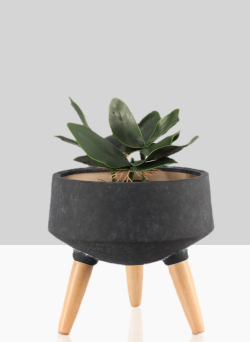 10.25in Tall Breakers Black Ceramic Planter With Beech Wood Legs Decor Jamali Garden