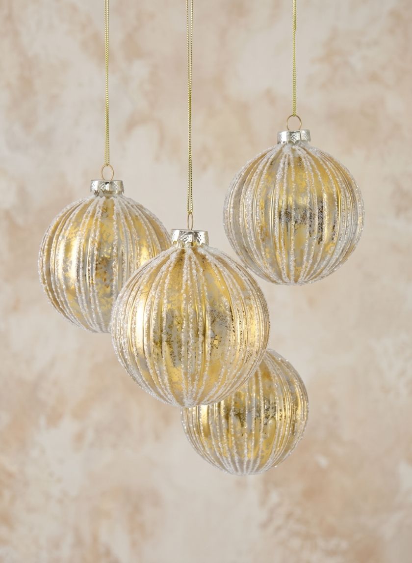 4in Round Gold Foil & Glitter Stripe Glass Ornament Ball Decor Jamali Garden