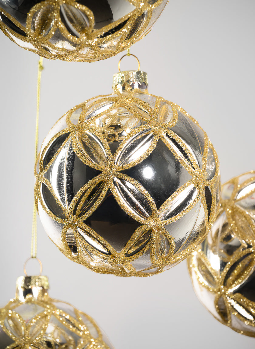 3in Round Gold Lined Shiny Silver Baroque Glass Ornament, Set of 6 Decor Jamali Garden