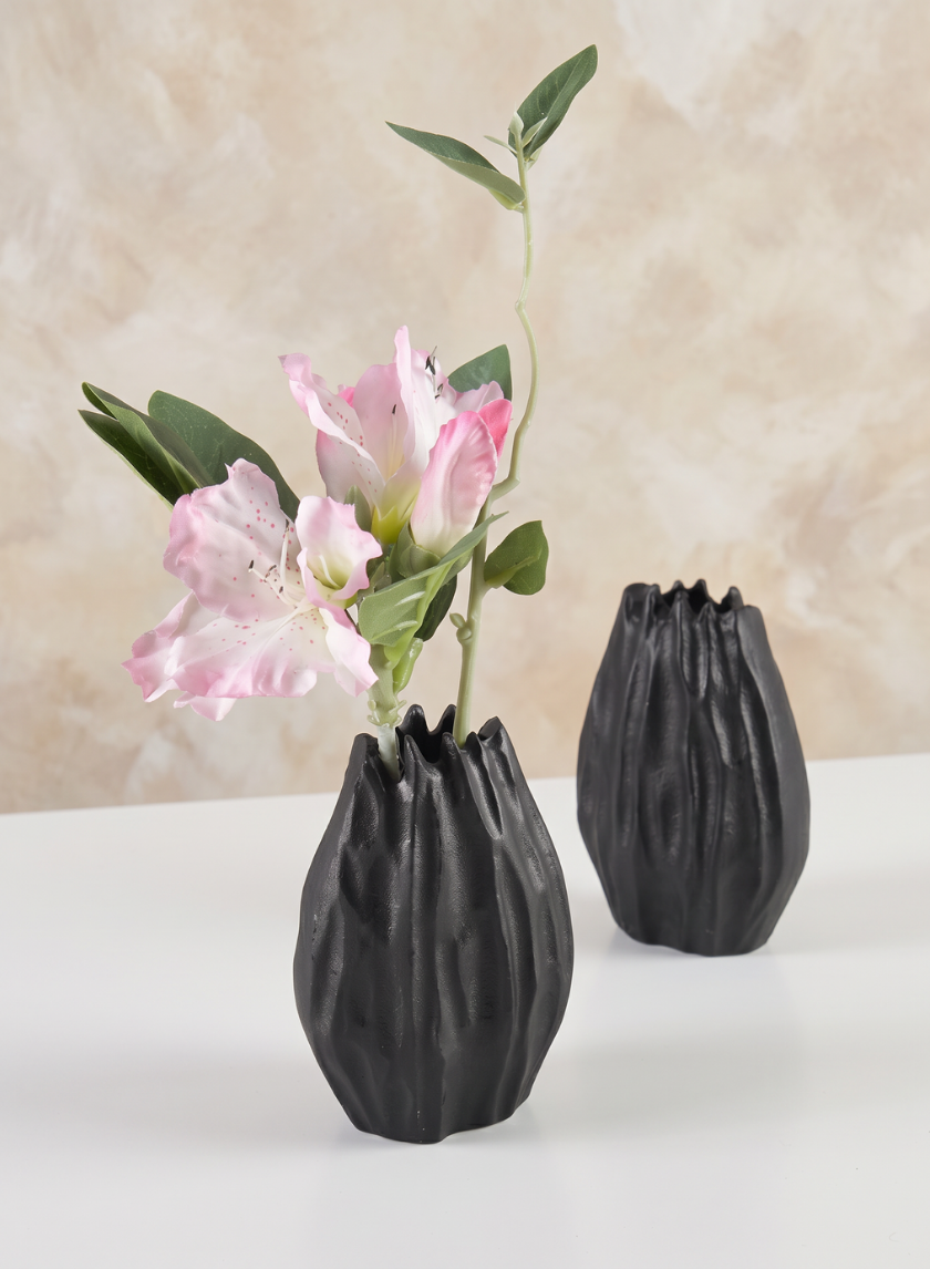 5in Tall Aluminum Cosmos Black Bark Look Mini Vase, Set of 2 Decor Jamali Garden