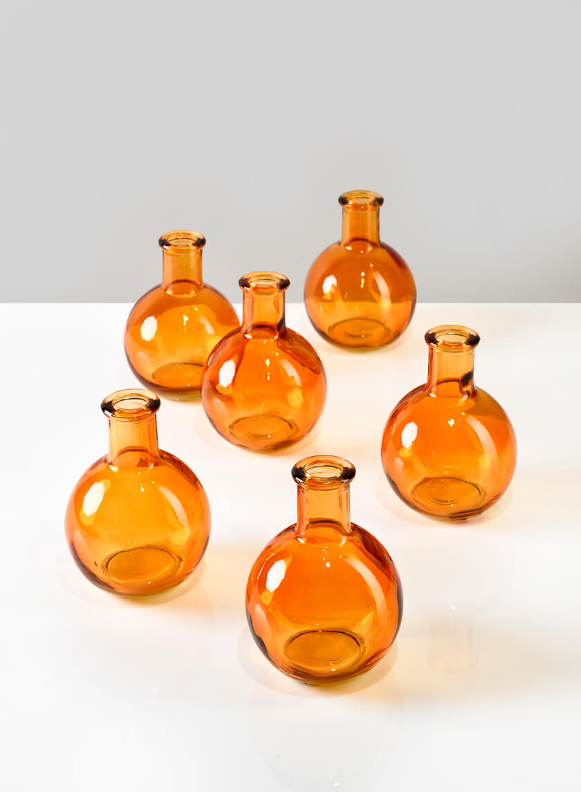 4in Tall Amber Ball Bud Glass Vase, Set of 6 Decor Jamali Garden