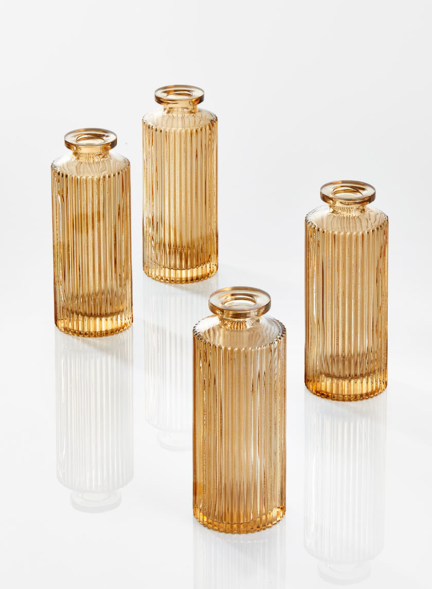 5.25in Tall Amber Pleated Glass Bottle Bud Vase, Set of 4 Decor Jamali Garden