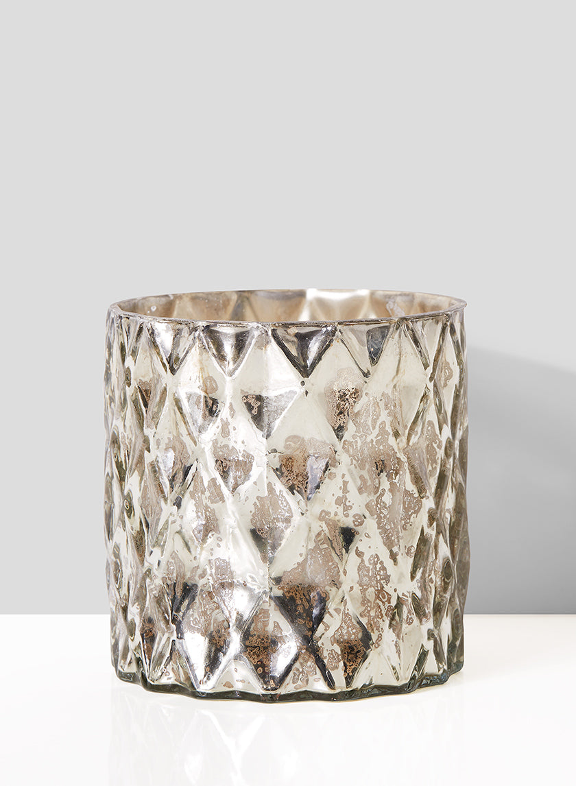 5in Tall Antique Silver Diamond Glass Cylinder Decor Jamali Garden