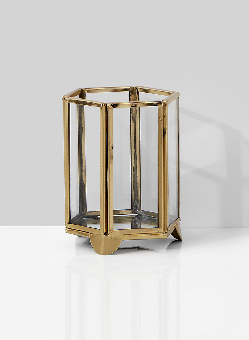 4in Tall Gold Hexagon Glass Tea Light Holder Decor Jamali Garden