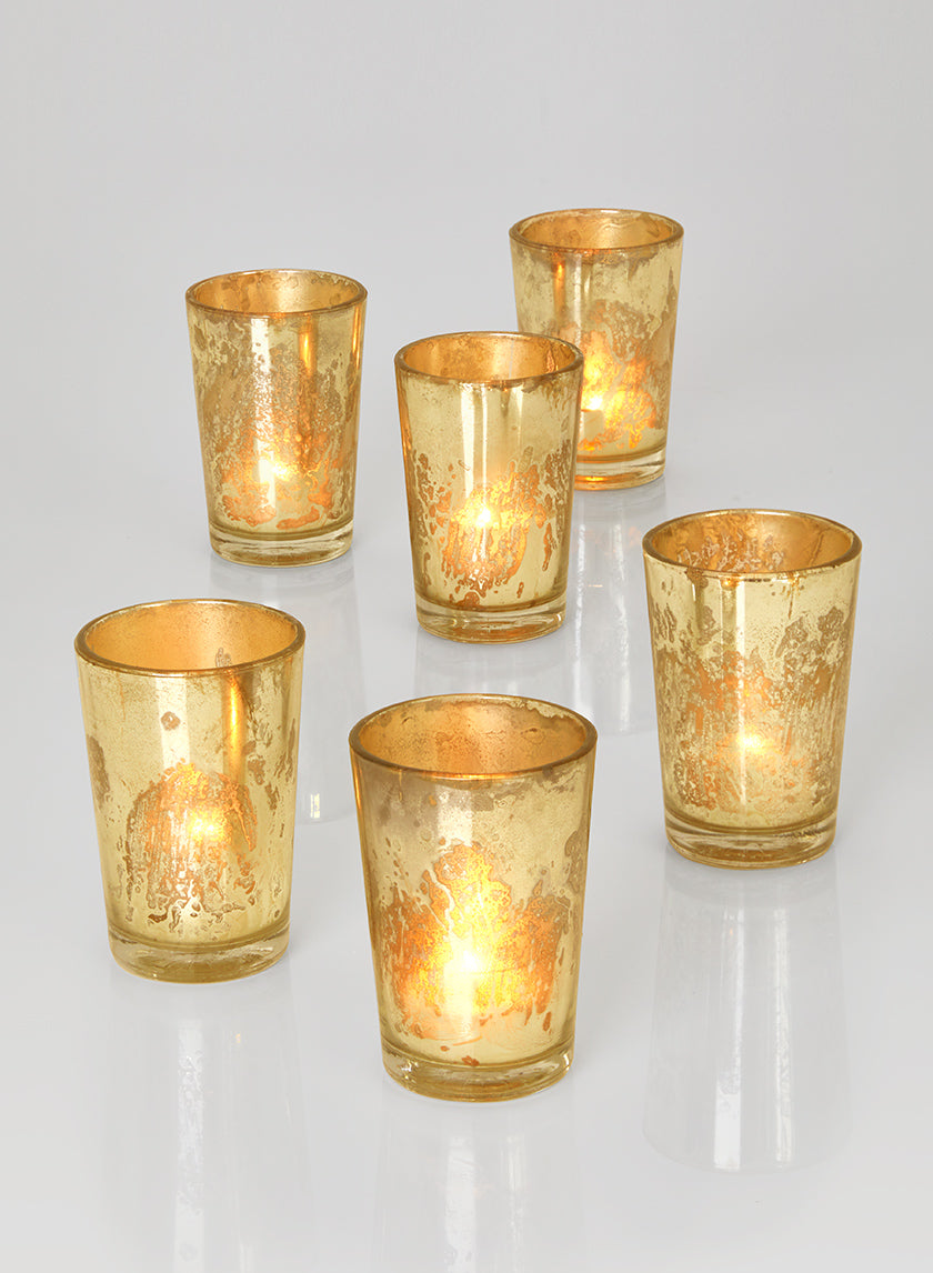 3.5in Tall Antique Light Gold Tapered Glass Votive Holder, Set of 6 Decor Jamali Garden