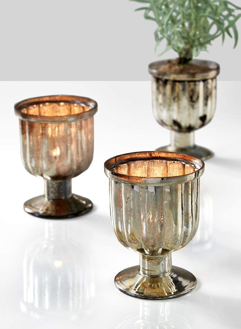 4.25in Tall Vintage Mercury Glass Pedestal Votive, Set of 6 Decor Jamali Garden