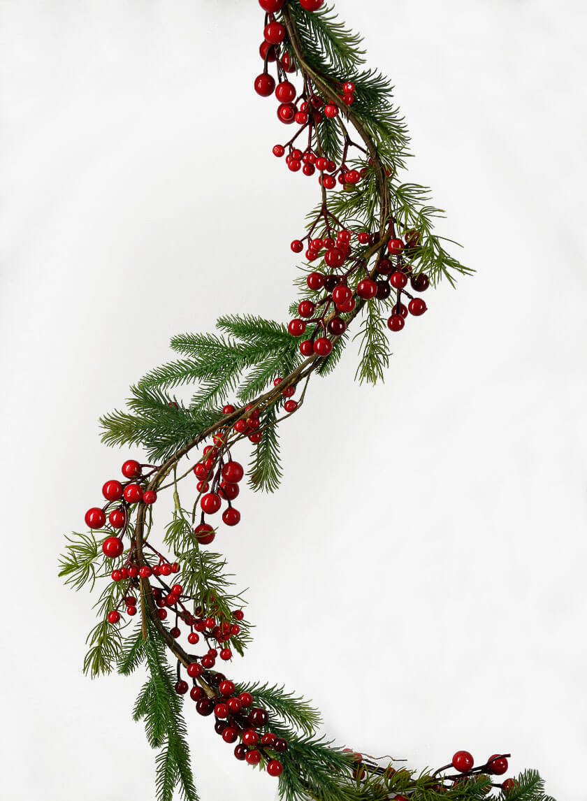 56in Long Pine Garland with Red Berries Decor Jamali Garden